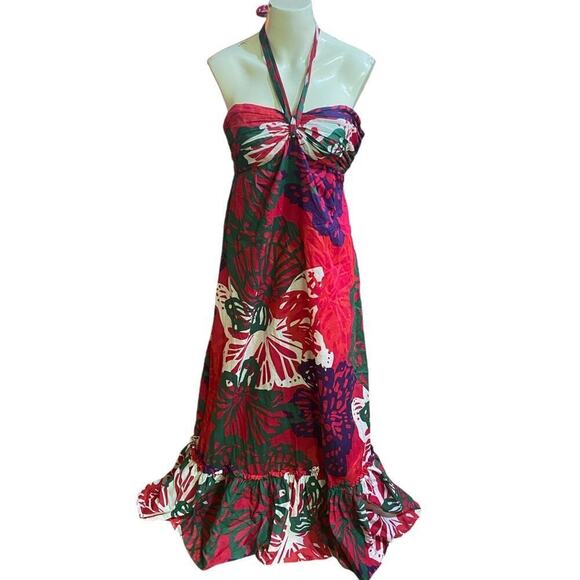 Ann Taylor Halter Dress Womens Multi Color Hawaiian Ruffle Hem Maxi Lined 2 - Picture 2 of 8
